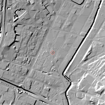 Shaded relief map of the ground around B57HE, computed from Environment Agency LiDAR. The ground here sits at about 107 m above sea level and falls 23 m across the surrounding 800 m. Surface water reaching this point runs off ground lying to the south-west, 2.4 m higher.