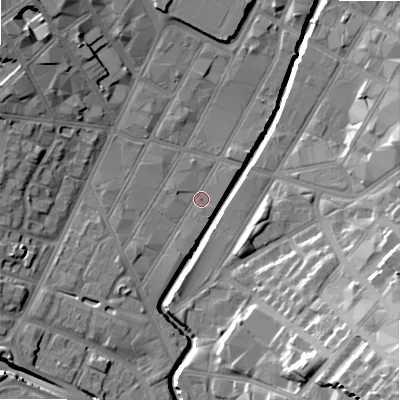 Shaded relief map of the ground around B57HP, computed from Environment Agency LiDAR. The ground here sits at about 105 m above sea level and falls 27 m across the surrounding 800 m. Surface water reaching this point runs off ground lying to the south-west, 3.2 m higher.