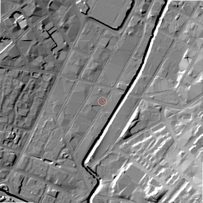 Shaded relief map of the ground around B57HQ, computed from Environment Agency LiDAR. The ground here sits at about 105 m above sea level and falls 27 m across the surrounding 800 m. Surface water reaching this point runs off ground lying to the south-west, 3.4 m higher.