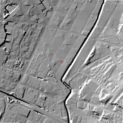 Shaded relief map of the ground around B57HR, computed from Environment Agency LiDAR. The ground here sits at about 106 m above sea level and falls 23 m across the surrounding 800 m. Surface water reaching this point runs off ground lying to the south-west, 2.5 m higher.