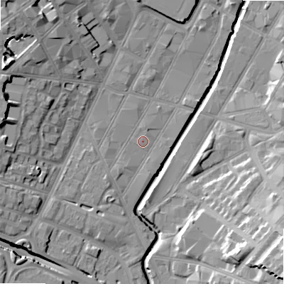 Shaded relief map of the ground around B57HT, computed from Environment Agency LiDAR. The ground here sits at about 106 m above sea level and falls 24 m across the surrounding 800 m. Surface water reaching this point runs off ground lying to the north-north-east, 0.6 m higher.