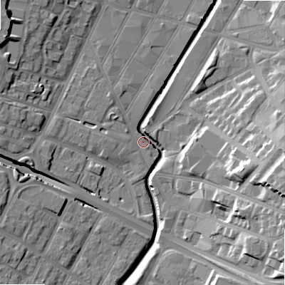 Shaded relief map of the ground around B57HY, computed from Environment Agency LiDAR. The ground here sits at about 106 m above sea level and falls 23 m across the surrounding 800 m. Surface water reaching this point runs off ground lying to the east-south-east, 21.9 m higher.