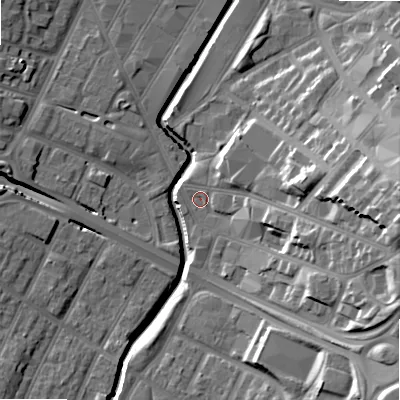 Shaded relief map of the ground around B57JE, computed from Environment Agency LiDAR. The ground here sits at about 106 m above sea level and falls 27 m across the surrounding 800 m. Surface water reaching this point runs off ground lying to the east, 20.4 m higher.