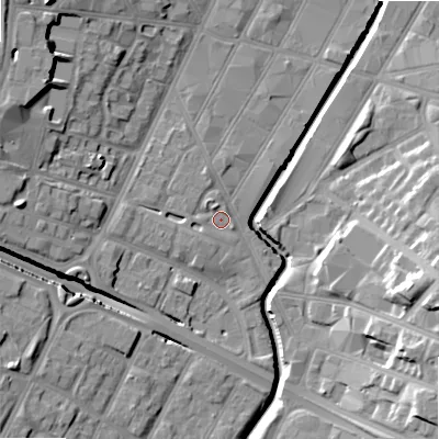 Shaded relief map of the ground around B57JG, computed from Environment Agency LiDAR. The ground here sits at about 107 m above sea level and falls 20 m across the surrounding 800 m. Surface water reaching this point runs off ground lying to the west, 2.6 m higher.