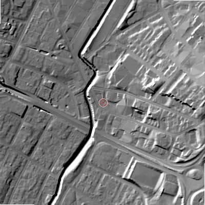 Shaded relief map of the ground around B57JP, computed from Environment Agency LiDAR. The ground here sits at about 106 m above sea level and falls 27 m across the surrounding 800 m. Surface water reaching this point runs off ground lying to the east, 20.7 m higher.