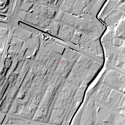 Shaded relief map of the ground around B57LA, computed from Environment Agency LiDAR. The ground here sits at about 108 m above sea level and falls 21 m across the surrounding 800 m. Surface water reaching this point runs off ground lying to the west, 3.4 m higher.