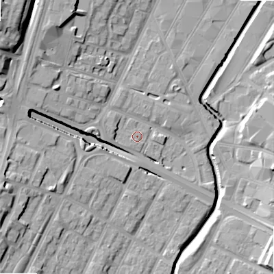 Shaded relief map of the ground around B57LD, computed from Environment Agency LiDAR. The ground here sits at about 108 m above sea level and falls 27 m across the surrounding 800 m. Surface water reaching this point runs off ground lying to the west, 2.9 m higher.