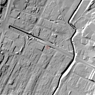 Shaded relief map of the ground around B57LY, computed from Environment Agency LiDAR. The ground here sits at about 107 m above sea level and falls 22 m across the surrounding 800 m. Surface water reaching this point runs off ground lying to the west, 15.6 m higher.