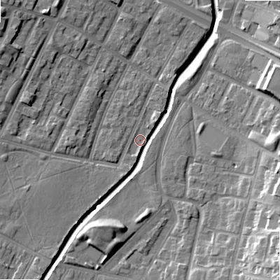 Shaded relief map of the ground around B57NH, computed from Environment Agency LiDAR. The ground here sits at about 107 m above sea level and falls 18 m across the surrounding 800 m. Surface water reaching this point runs off ground lying to the south-south-west, 10.6 m higher.