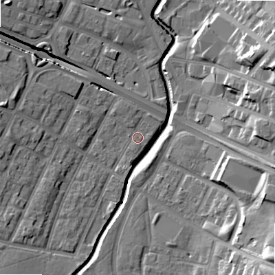 Shaded relief map of the ground around B57NJ, computed from Environment Agency LiDAR. The ground here sits at about 106 m above sea level and falls 24 m across the surrounding 800 m. Surface water reaching this point runs off ground lying to the west, 6.5 m higher.