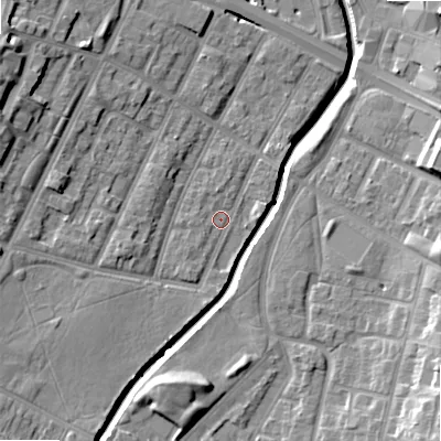 Shaded relief map of the ground around B57NN, computed from Environment Agency LiDAR. The ground here sits at about 107 m above sea level and falls 18 m across the surrounding 800 m. Surface water reaching this point runs off ground lying to the south-west, 3.7 m higher.
