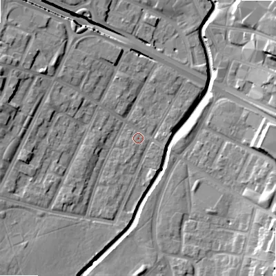 Shaded relief map of the ground around B57NQ, computed from Environment Agency LiDAR. The ground here sits at about 107 m above sea level and falls 17 m across the surrounding 800 m. Surface water reaching this point runs off ground lying to the west-north-west, 10.1 m higher.