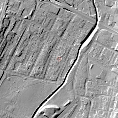 Shaded relief map of the ground around B57NW, computed from Environment Agency LiDAR. The ground here sits at about 108 m above sea level and falls 20 m across the surrounding 800 m. Surface water reaching this point runs off ground lying to the south-south-west, 1.0 m higher.