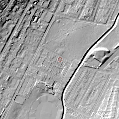 Shaded relief map of the ground around B57PH, computed from Environment Agency LiDAR. The ground here sits at about 110 m above sea level and falls 27 m across the surrounding 800 m. Surface water reaching this point runs off ground lying to the south-west, 4.4 m higher.