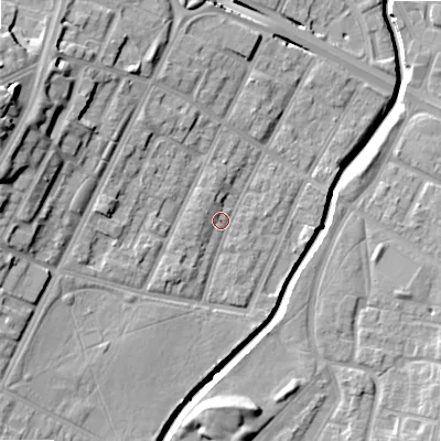 Shaded relief map of the ground around B57PU, computed from Environment Agency LiDAR. The ground here sits at about 108 m above sea level and falls 24 m across the surrounding 800 m. Surface water reaching this point runs off ground lying to the west-south-west, 7.4 m higher.