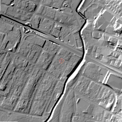 Shaded relief map of the ground around B57PX, computed from Environment Agency LiDAR. The ground here sits at about 106 m above sea level and falls 19 m across the surrounding 800 m. Surface water reaching this point runs off ground lying to the west, 2.9 m higher.