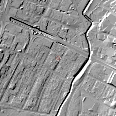 Shaded relief map of the ground around B57PY, computed from Environment Agency LiDAR. The ground here sits at about 107 m above sea level and falls 18 m across the surrounding 800 m. Surface water reaching this point runs off ground lying to the west-south-west, 2.6 m higher.