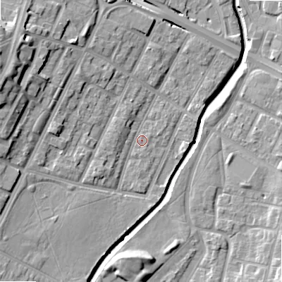 Shaded relief map of the ground around B57PZ, computed from Environment Agency LiDAR. The ground here sits at about 108 m above sea level and falls 20 m across the surrounding 800 m. Surface water reaching this point runs off ground lying to the west-south-west, 4.3 m higher.