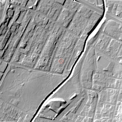 Shaded relief map of the ground around B57QB, computed from Environment Agency LiDAR. The ground here sits at about 108 m above sea level and falls 19 m across the surrounding 800 m. Surface water reaching this point runs off ground lying to the south, 1.2 m higher.