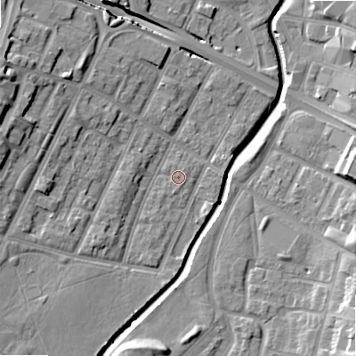 Shaded relief map of the ground around B57QD, computed from Environment Agency LiDAR. The ground here sits at about 107 m above sea level and falls 18 m across the surrounding 800 m. Surface water reaching this point runs off ground lying to the south-south-west, 0.8 m higher.