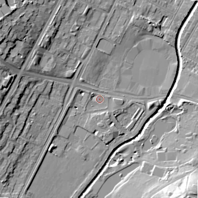 Shaded relief map of the ground around B57QS, computed from Environment Agency LiDAR. The ground here sits at about 112 m above sea level and falls 23 m across the surrounding 800 m. Surface water reaching this point runs off ground lying to the west-south-west, 4.1 m higher.
