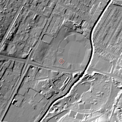 Shaded relief map of the ground around B57QU, computed from Environment Agency LiDAR. The ground here sits at about 111 m above sea level and falls 17 m across the surrounding 800 m. Surface water reaching this point runs off ground lying to the west, 0.6 m higher.