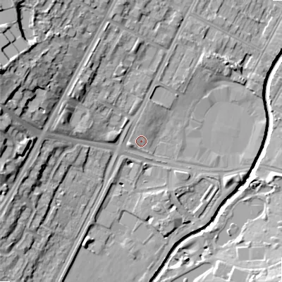 Shaded relief map of the ground around B57QX, computed from Environment Agency LiDAR. The ground here sits at about 112 m above sea level and falls 26 m across the surrounding 800 m. Surface water reaching this point runs off ground lying to the west-south-west, 1.9 m higher.