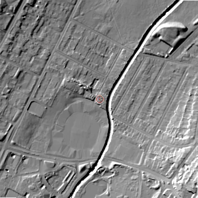 Shaded relief map of the ground around B57RE, computed from Environment Agency LiDAR. The ground here sits at about 111 m above sea level and falls 22 m across the surrounding 800 m. Surface water reaching this point runs off ground lying to the north-west, 3.8 m higher.