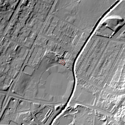 Shaded relief map of the ground around B57RF, computed from Environment Agency LiDAR. The ground here sits at about 111 m above sea level and falls 20 m across the surrounding 800 m. Surface water reaching this point runs off ground lying to the north-west, 3.7 m higher.