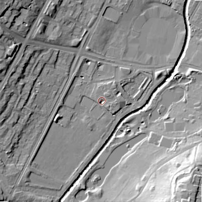 Shaded relief map of the ground around B57RJ, computed from Environment Agency LiDAR. The ground here sits at about 113 m above sea level and falls 27 m across the surrounding 800 m. Surface water reaching this point runs off ground lying to the north-east, 2.2 m higher.