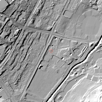 Shaded relief map of the ground around B57RN, computed from Environment Agency LiDAR. The ground here sits at about 112 m above sea level and falls 26 m across the surrounding 800 m. Surface water reaching this point runs off ground lying to the east-south-east, 0.8 m higher.