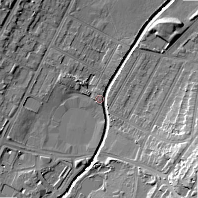 Shaded relief map of the ground around B57SD, computed from Environment Agency LiDAR. The ground here sits at about 111 m above sea level and falls 22 m across the surrounding 800 m. Surface water reaching this point runs off ground lying to the south-east, 20.1 m higher.