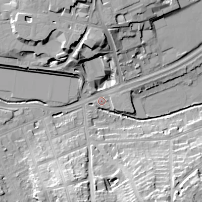 Shaded relief map of the ground around B57SQ, computed from Environment Agency LiDAR. The ground here sits at about 121 m above sea level and falls 26 m across the surrounding 800 m. Surface water reaching this point runs off ground lying to the north-north-west, 20.5 m higher.