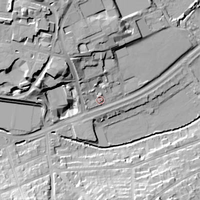 Shaded relief map of the ground around B57SW, computed from Environment Agency LiDAR. The ground here sits at about 124 m above sea level and falls 30 m across the surrounding 800 m. Surface water reaching this point runs off ground lying to the north-north-west, 13.3 m higher.