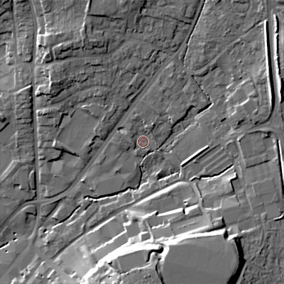 Shaded relief map of the ground around B601AB, computed from Environment Agency LiDAR. The ground here sits at about 95 m above sea level and falls 22 m across the surrounding 800 m. Surface water reaching this point runs off ground lying to the north-north-east, 2.6 m higher.