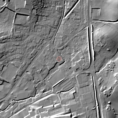 Shaded relief map of the ground around B601AD, computed from Environment Agency LiDAR. The ground here sits at about 98 m above sea level and falls 26 m across the surrounding 800 m. Surface water reaching this point runs off ground lying to the north-east, 7.9 m higher.