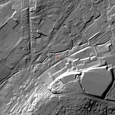 Shaded relief map of the ground around B601AR, computed from Environment Agency LiDAR. The ground here sits at about 93 m above sea level and falls 23 m across the surrounding 800 m. Surface water reaching this point runs off ground lying to the east, 1.9 m higher.