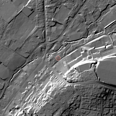 Shaded relief map of the ground around B601AZ, computed from Environment Agency LiDAR. The ground here sits at about 91 m above sea level and falls 25 m across the surrounding 800 m. Surface water reaching this point runs off ground lying to the east-south-east, 17.8 m higher.