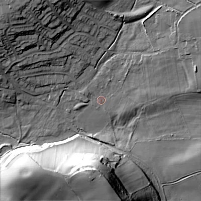 Shaded relief map of the ground around B601GH, computed from Environment Agency LiDAR. The ground here sits at about 121 m above sea level and falls 42 m across the surrounding 800 m. Surface water reaching this point runs off ground lying to the east-north-east, 9.9 m higher.