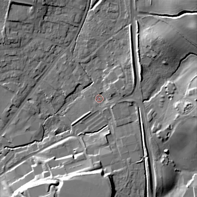 Shaded relief map of the ground around B601GN, computed from Environment Agency LiDAR. The ground here sits at about 97 m above sea level and falls 27 m across the surrounding 800 m. Surface water reaching this point runs off ground lying to the east-north-east, 6.1 m higher.
