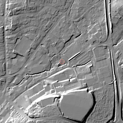Shaded relief map of the ground around B601GS, computed from Environment Agency LiDAR. The ground here sits at about 94 m above sea level and falls 20 m across the surrounding 800 m. Surface water reaching this point runs off ground lying to the north-east, 11.3 m higher.