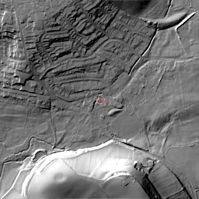 Shaded relief map of the ground around B601JJ, computed from Environment Agency LiDAR. The ground here sits at about 120 m above sea level and falls 45 m across the surrounding 800 m. Surface water reaching this point runs off ground lying to the north-north-west, 22.5 m higher.
