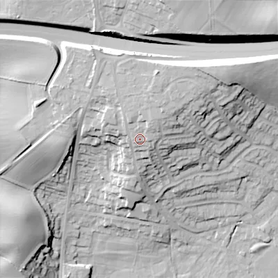 Shaded relief map of the ground around B601JT, computed from Environment Agency LiDAR. The ground here sits at about 136 m above sea level and falls 38 m across the surrounding 800 m. Surface water reaching this point runs off ground lying to the north-east, 9.3 m higher.