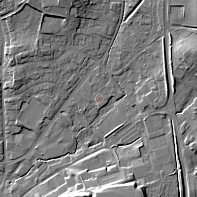 Shaded relief map of the ground around B601PG, computed from Environment Agency LiDAR. The ground here sits at about 98 m above sea level and falls 21 m across the surrounding 800 m. Surface water reaching this point runs off ground lying to the north-north-east, 8.3 m higher.