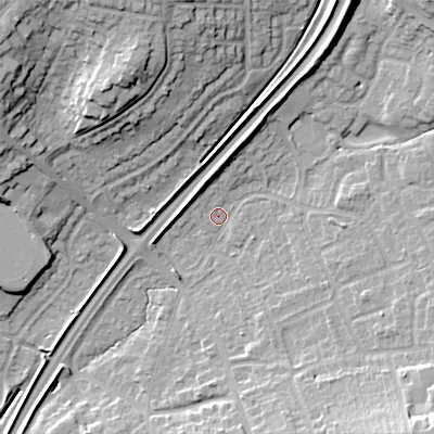Shaded relief map of the ground around B602HN, computed from Environment Agency LiDAR. The ground here sits at about 81 m above sea level and falls 27 m across the surrounding 800 m. Surface water reaching this point runs off ground lying to the north-north-east, 11.7 m higher.
