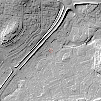 Shaded relief map of the ground around B602HS, computed from Environment Agency LiDAR. The ground here sits at about 83 m above sea level and falls 29 m across the surrounding 800 m. Surface water reaching this point runs off ground lying to the north-west, 5.4 m higher.