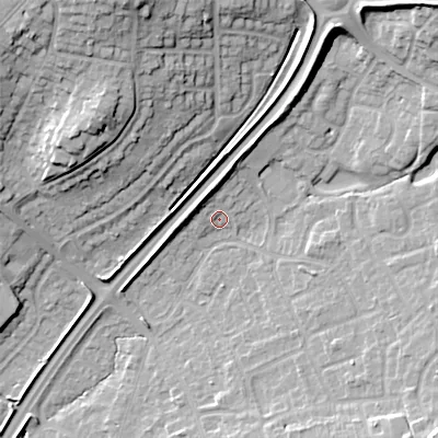 Shaded relief map of the ground around B602HW, computed from Environment Agency LiDAR. The ground here sits at about 83 m above sea level and falls 30 m across the surrounding 800 m. Surface water reaching this point runs off ground lying to the north, 5.3 m higher.