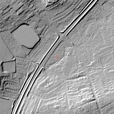Shaded relief map of the ground around B602JY, computed from Environment Agency LiDAR. The ground here sits at about 79 m above sea level and falls 24 m across the surrounding 800 m. Surface water reaching this point runs off ground lying to the north-north-east, 1.0 m higher.