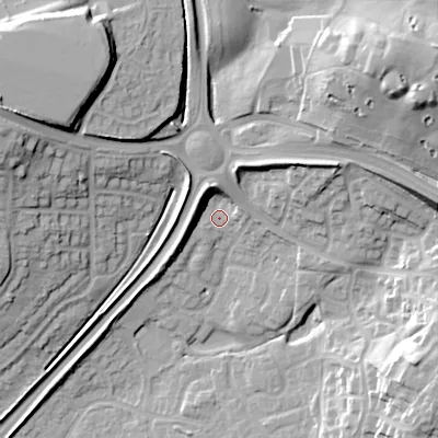 Shaded relief map of the ground around B602RB, computed from Environment Agency LiDAR. The ground here sits at about 87 m above sea level and falls 31 m across the surrounding 800 m. Surface water reaching this point runs off ground lying to the north-north-west, 7.1 m higher.