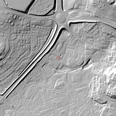 Shaded relief map of the ground around B602RD, computed from Environment Agency LiDAR. The ground here sits at about 85 m above sea level and falls 31 m across the surrounding 800 m. Surface water reaching this point runs off ground lying to the north-west, 2.3 m higher.